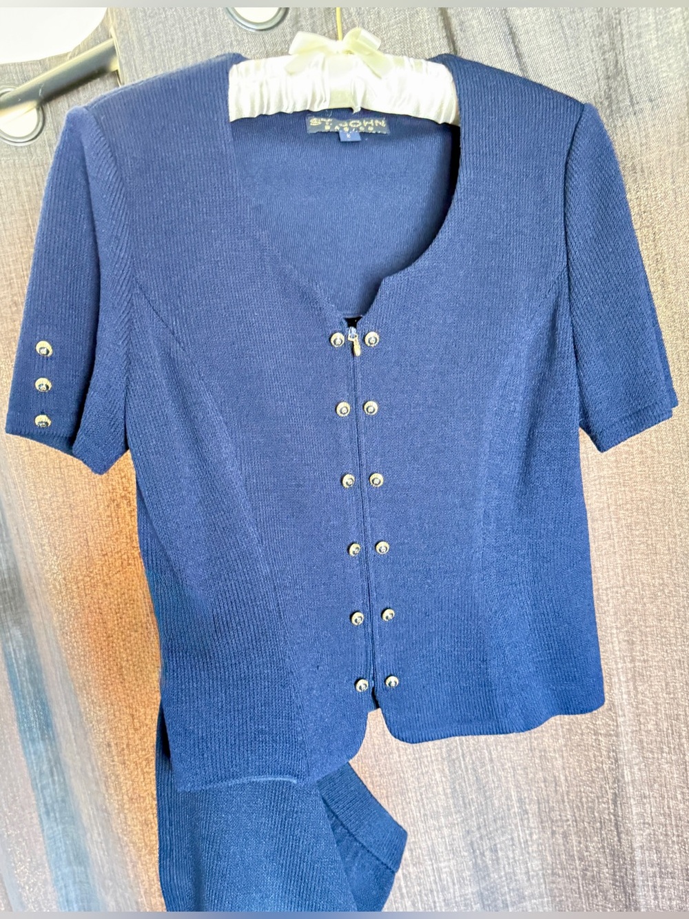 St Johns Navy Short Sleeve Knit Cardigan with Button Front and Matching Skirt
